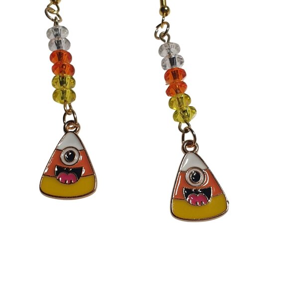 Handmade Candy Corn Halloween Dangle Beaded Earrings Fun Festive 3 Inch Length - Picture 4 of 7